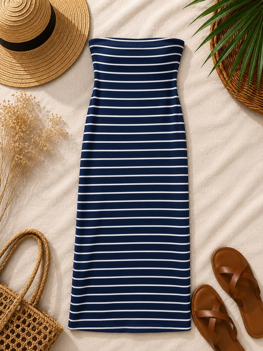 SYM (See You Monday) Strapless Ribbed Stripe Midi Dress Blue White Coastal SZ L